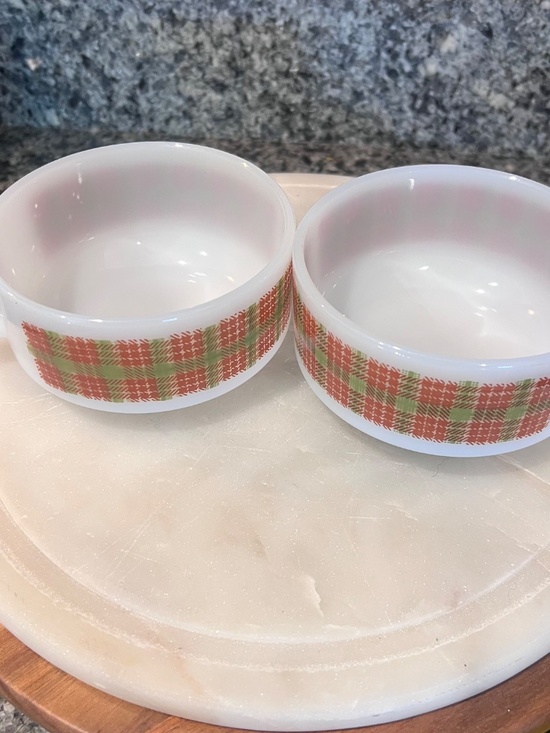 Glasbake Other - Glasbake J-2711 Red Green Plaid Milk Glass Soup Mugs Set of 2 USA